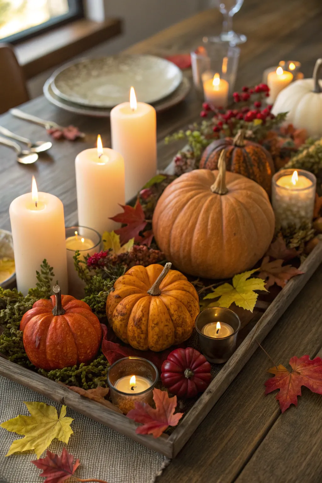 A centerpiece with pumpkins and gourds sets the scene for fall.