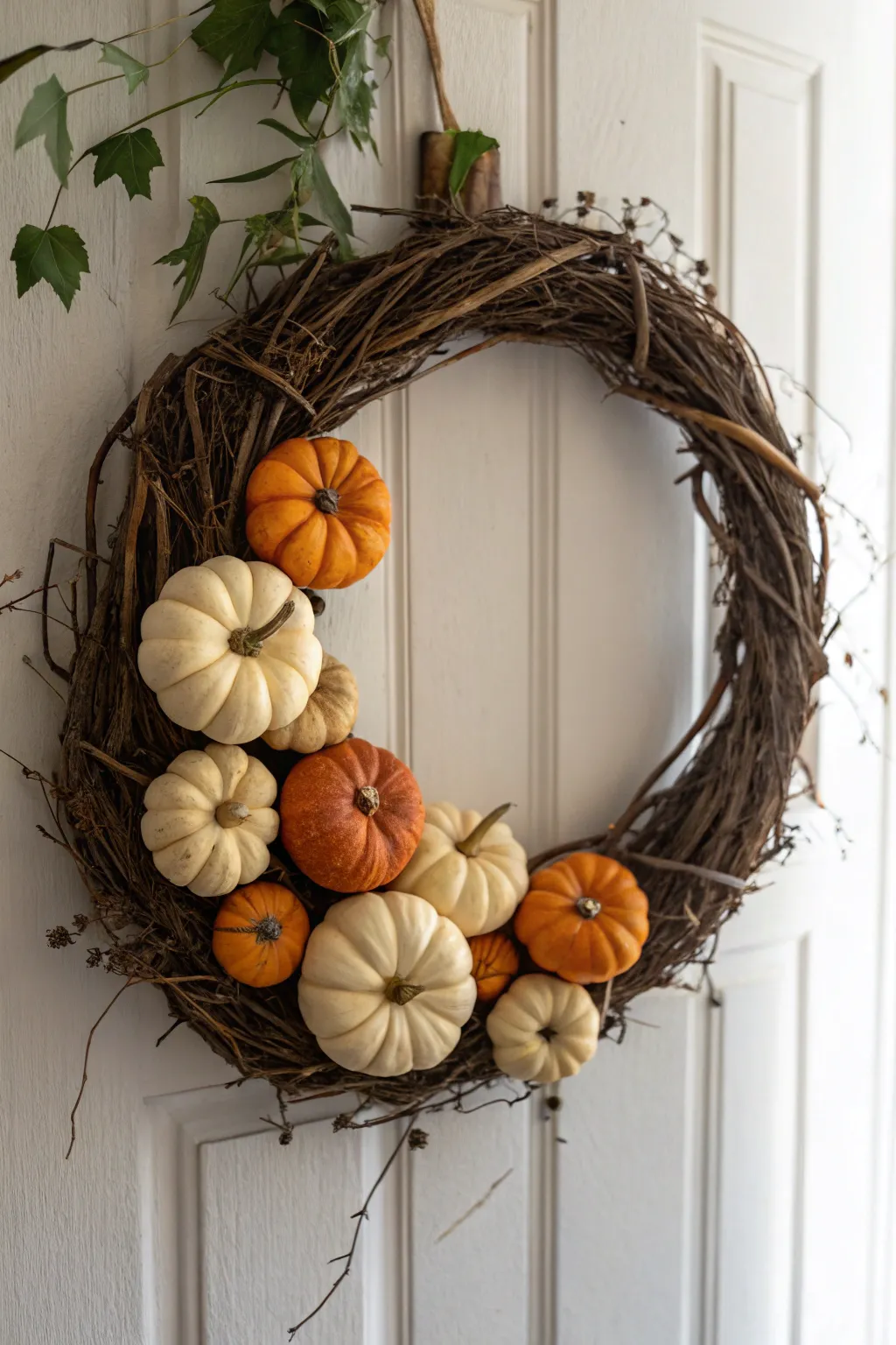Embrace the charm of autumn with this Mini Pumpkin Extravaganza wreath—perfect for a cozy, minimalist Thanksgiving decor.