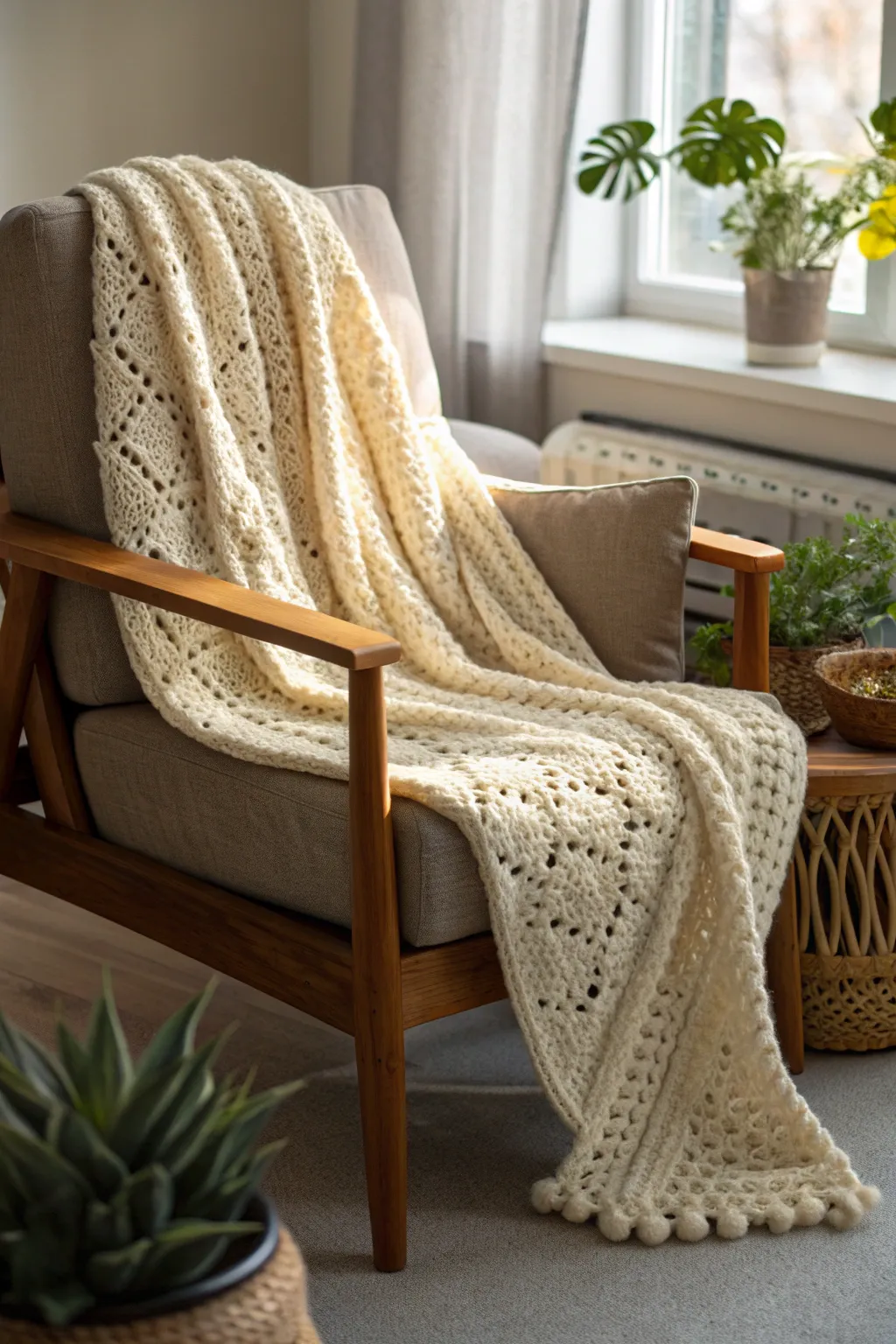 Wrap yourself in the warmth of simplicity and craftsmanship with this snuggly chunky yarn blanket.