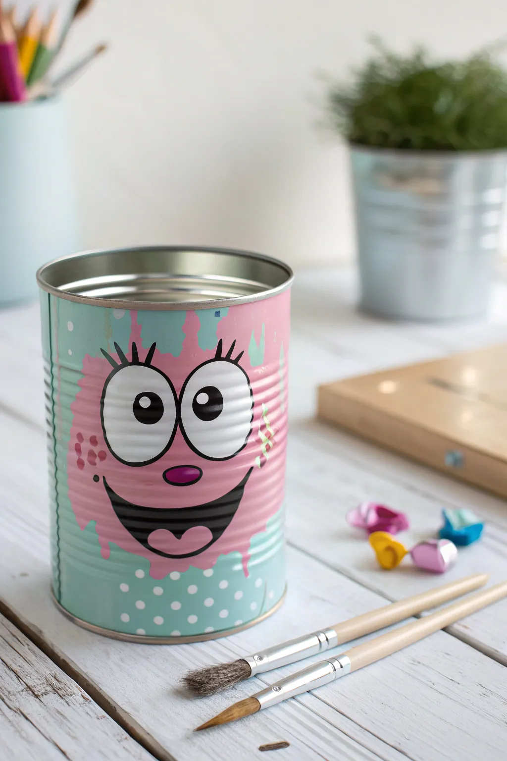 Unleash your creativity with whimsical character faces on tin cans—where simplicity meets playful artistry.