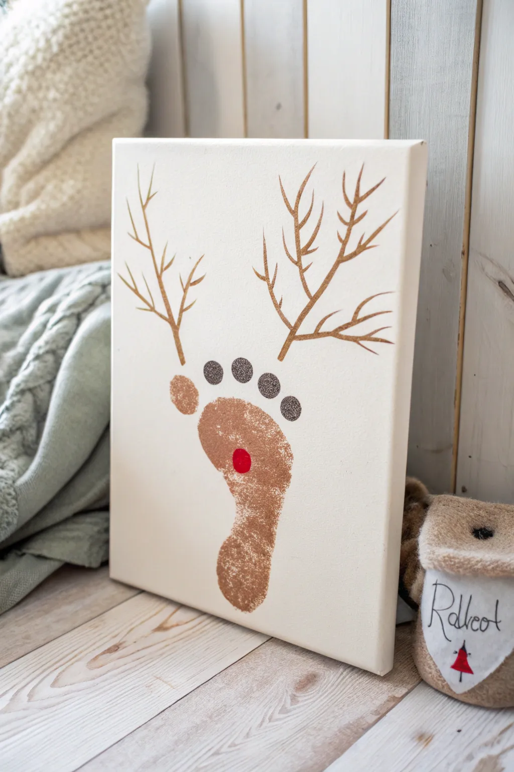 Capture the magic of the season with a charming footprint reindeer canvas, blending minimalism with a touch of holiday whimsy.