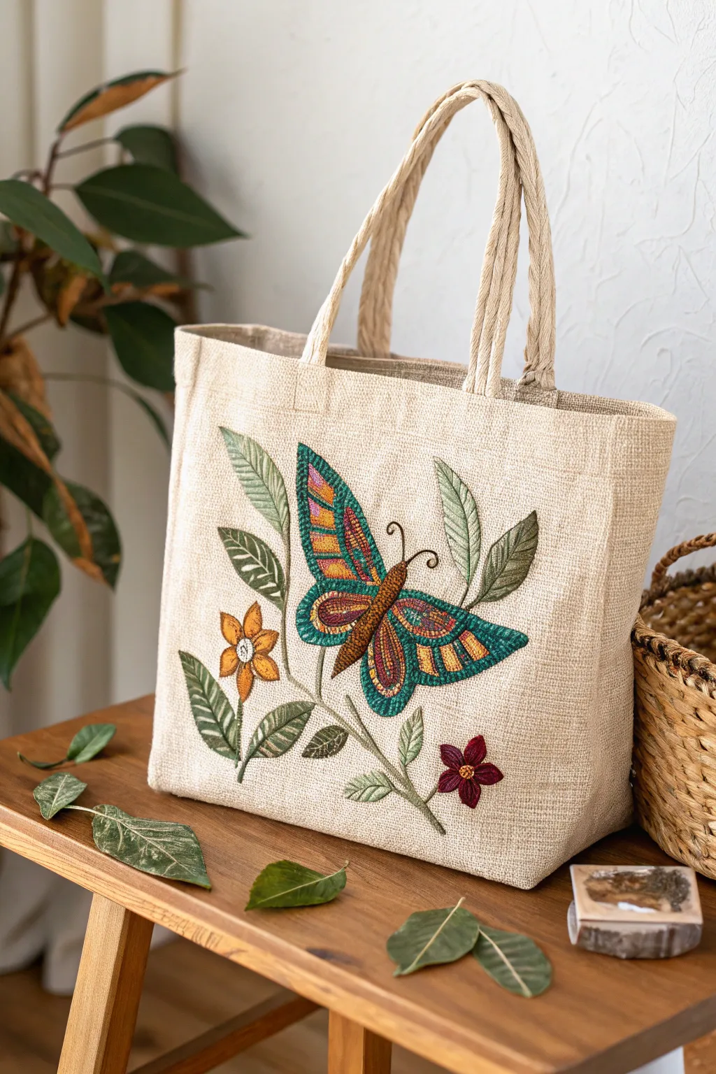 Embrace nature's elegance with this beautifully embroidered tote bag, where simplicity meets artistry.