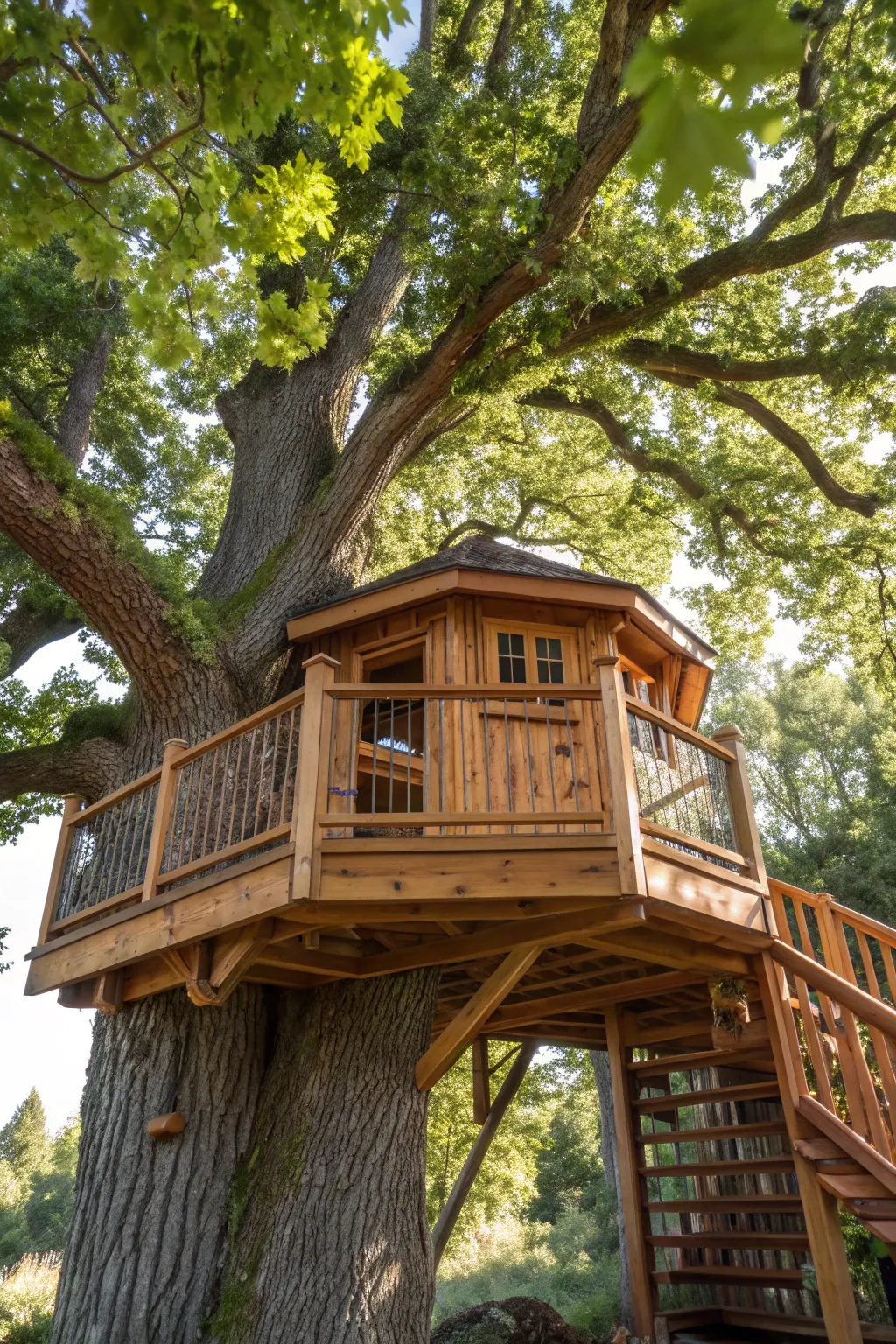 Nature's Embrace: A treehouse that blends craftsmanship with the wild beauty of oak trees.