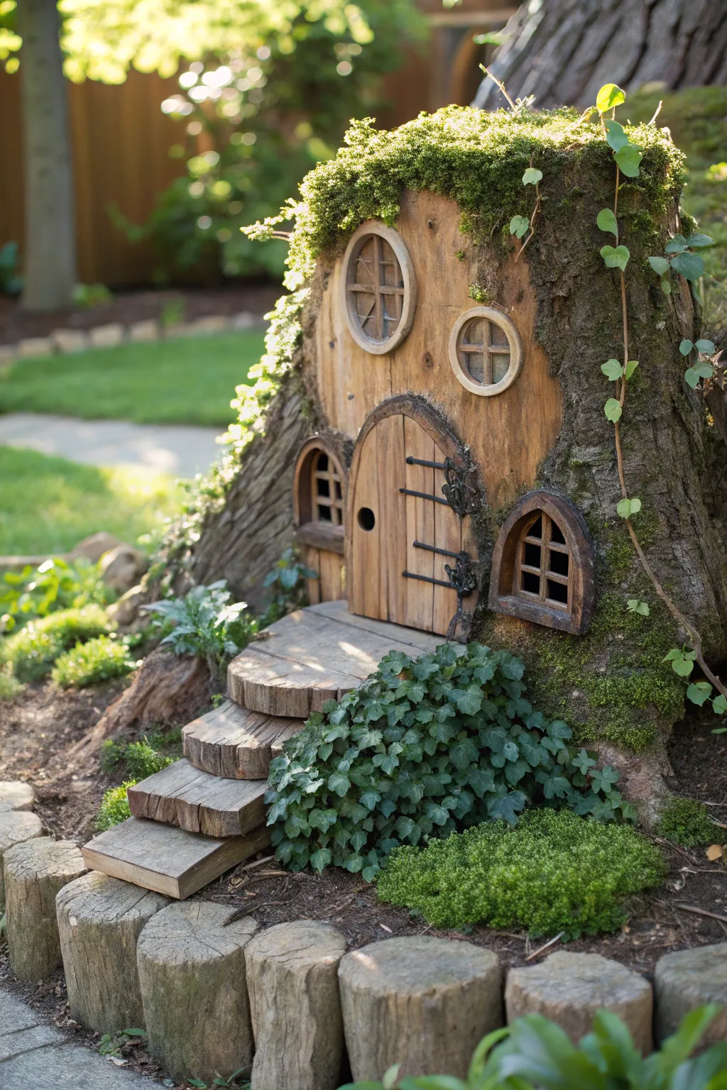 Step into a fairytale world with this enchanting tree stump fairy house. 🧚♂️✨ #Craftsmanship #GardenMagic
