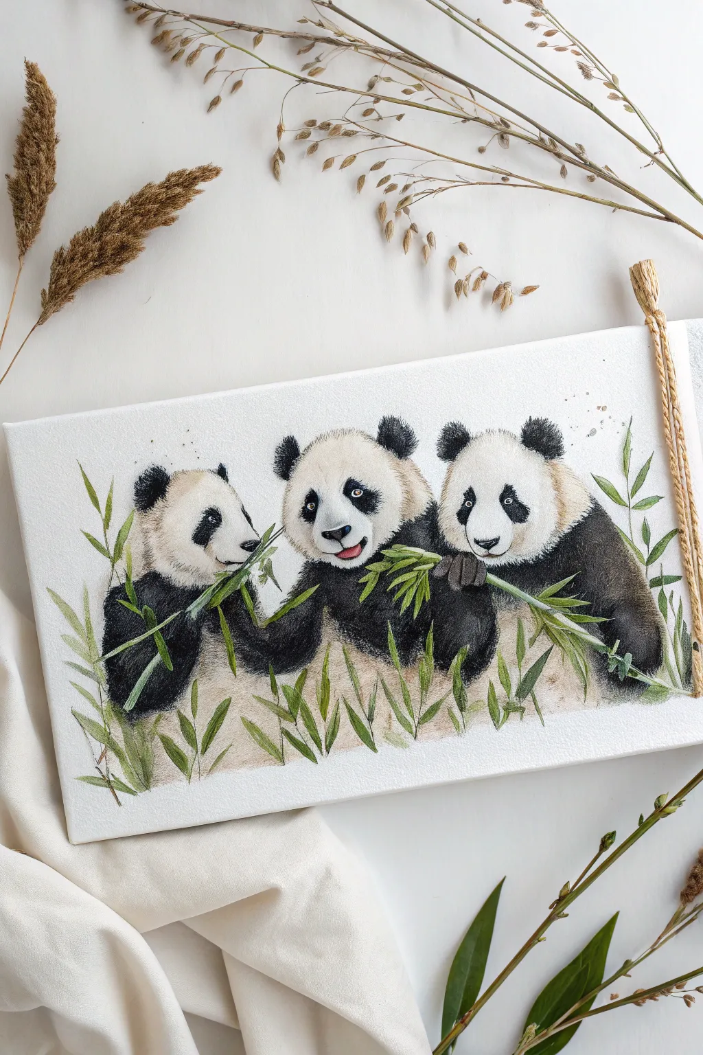 Embrace the wild charm of minimalist art with a whimsical panda trio.