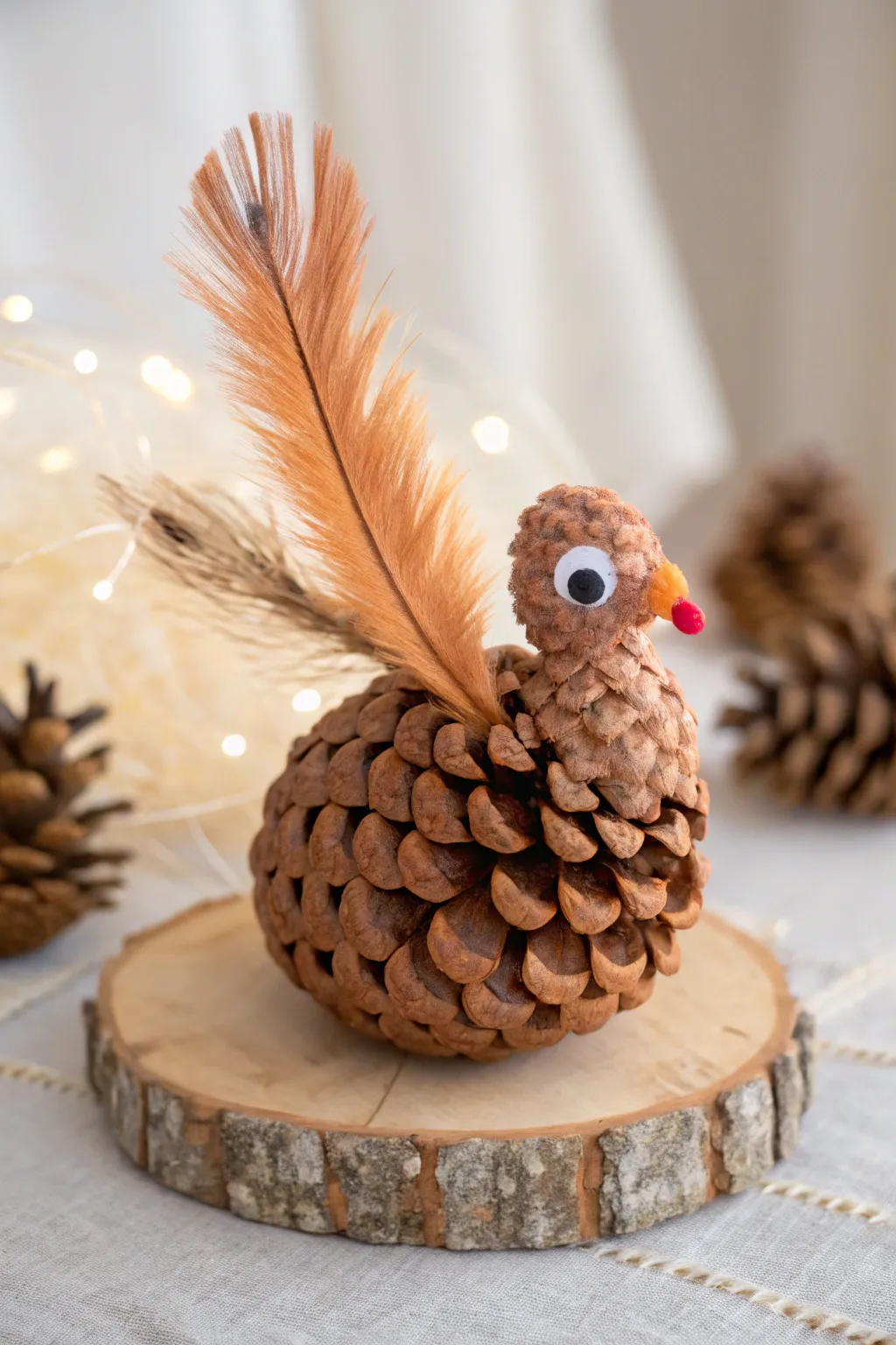 Craft your own pine cone turkey masterpiece for a charming Thanksgiving centerpiece!