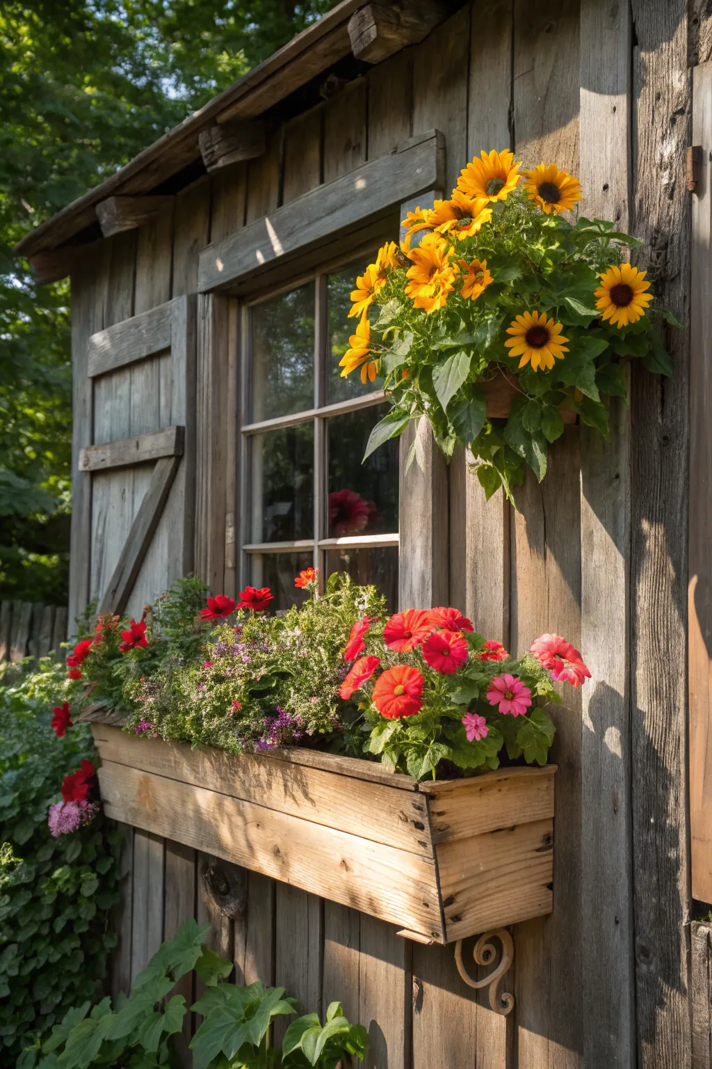 Transform your shed into a cozy retreat with whimsical window boxes brimming with vibrant blooms.