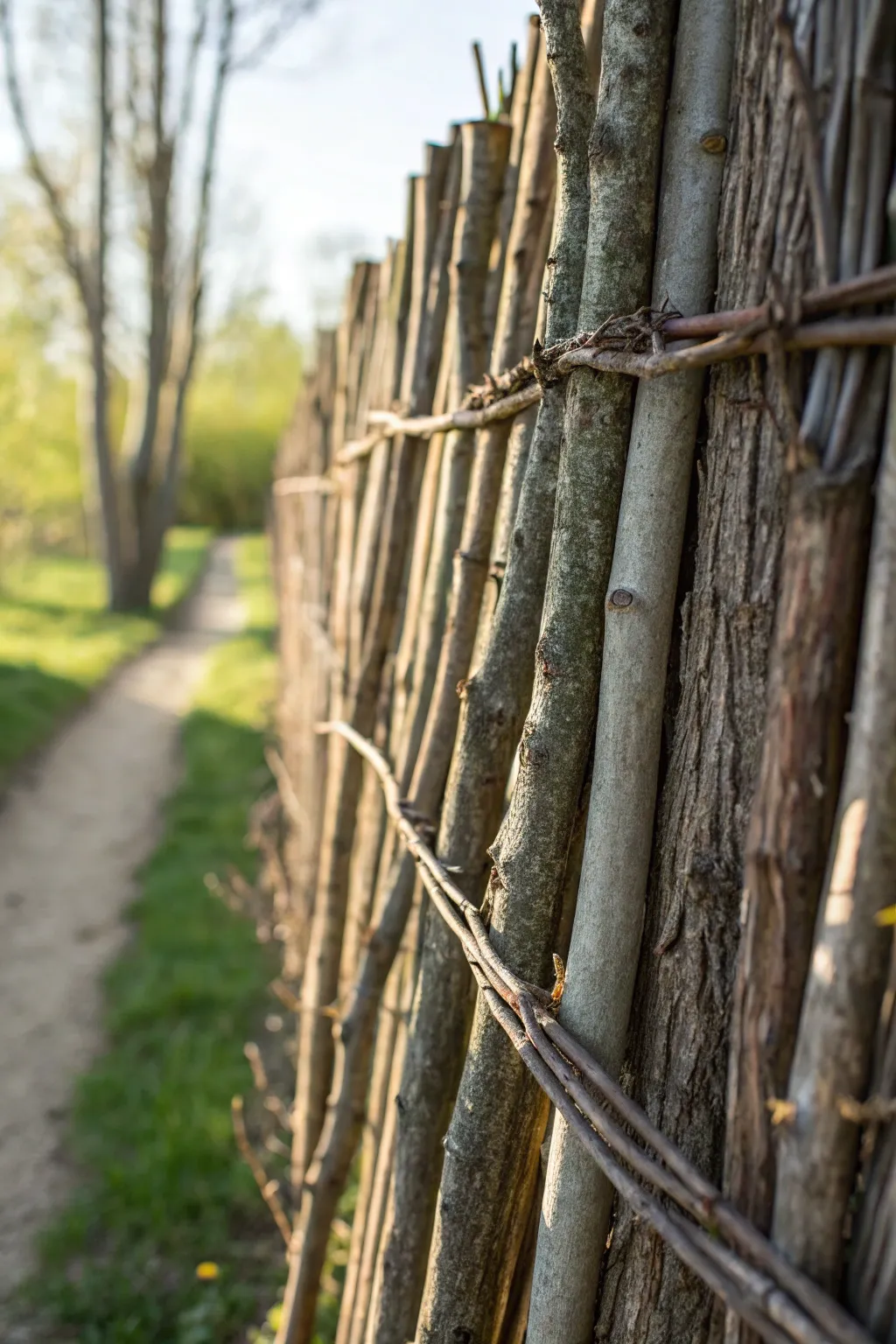 Craftsmanship in Nature: A Stunning Vertical Twig Palisade for Rustic Privacy.