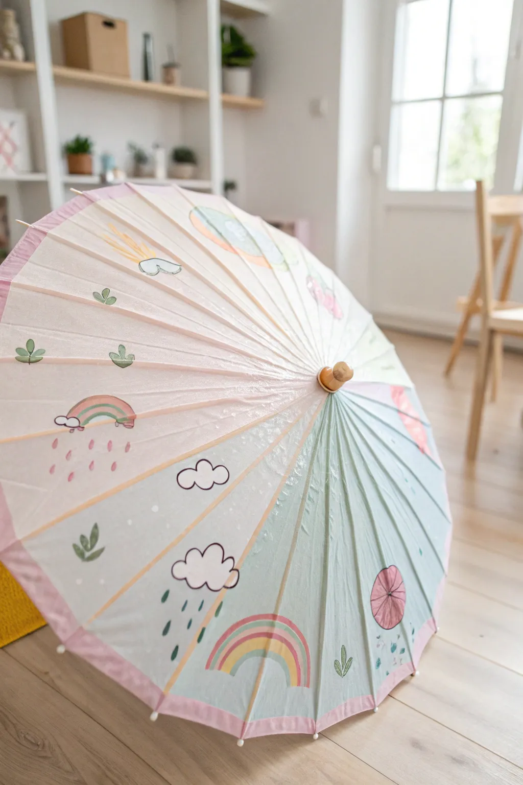 Crafting joy on a rainy day: A whimsical paper plate umbrella that brings sunshine to the indoors.