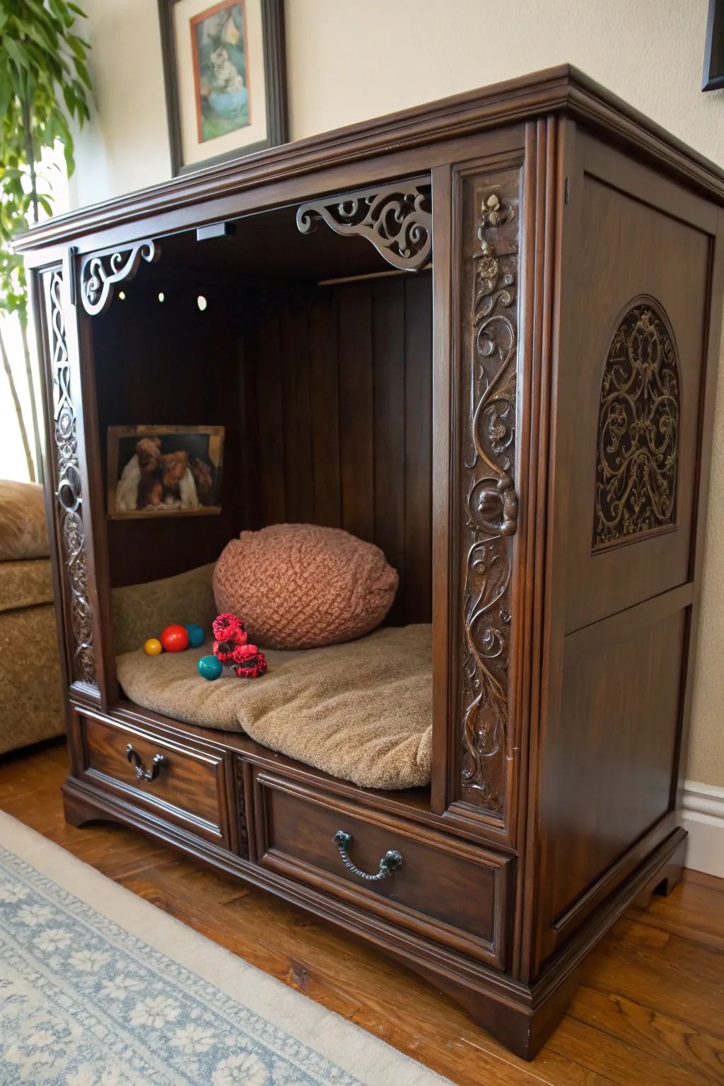 Transforming nostalgia into comfort: A masterfully crafted pet nook from a vintage TV cabinet.