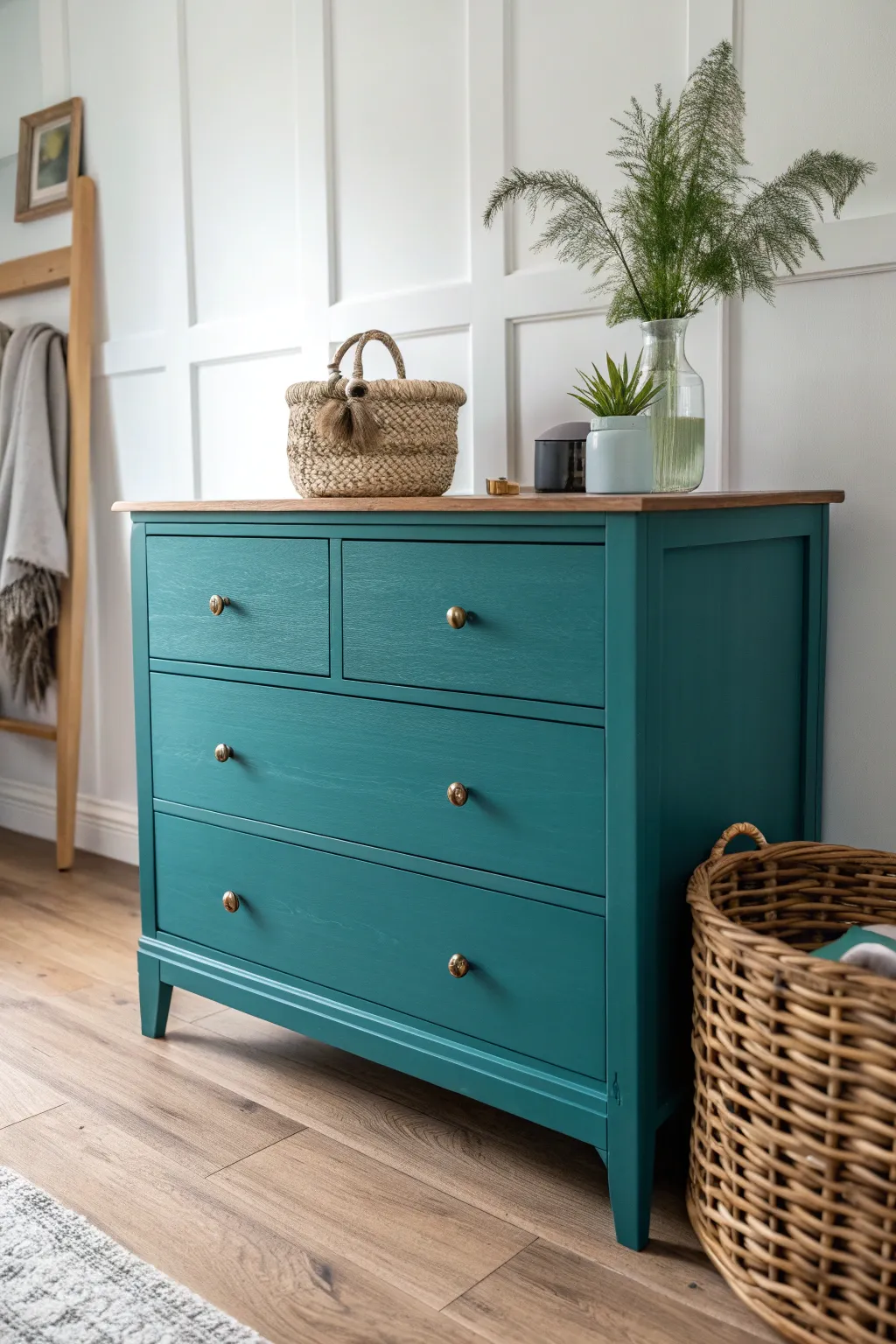 Transform your space with a bold, teal-painted dresser that blends minimalist charm with boho flair.