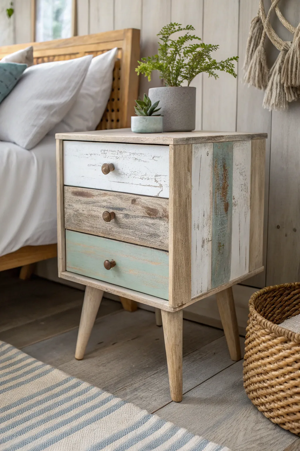 Embrace the charm of time-worn elegance with this beautifully distressed nightstand, perfect for adding a touch of vintage coziness to your minimalist sanctuary.