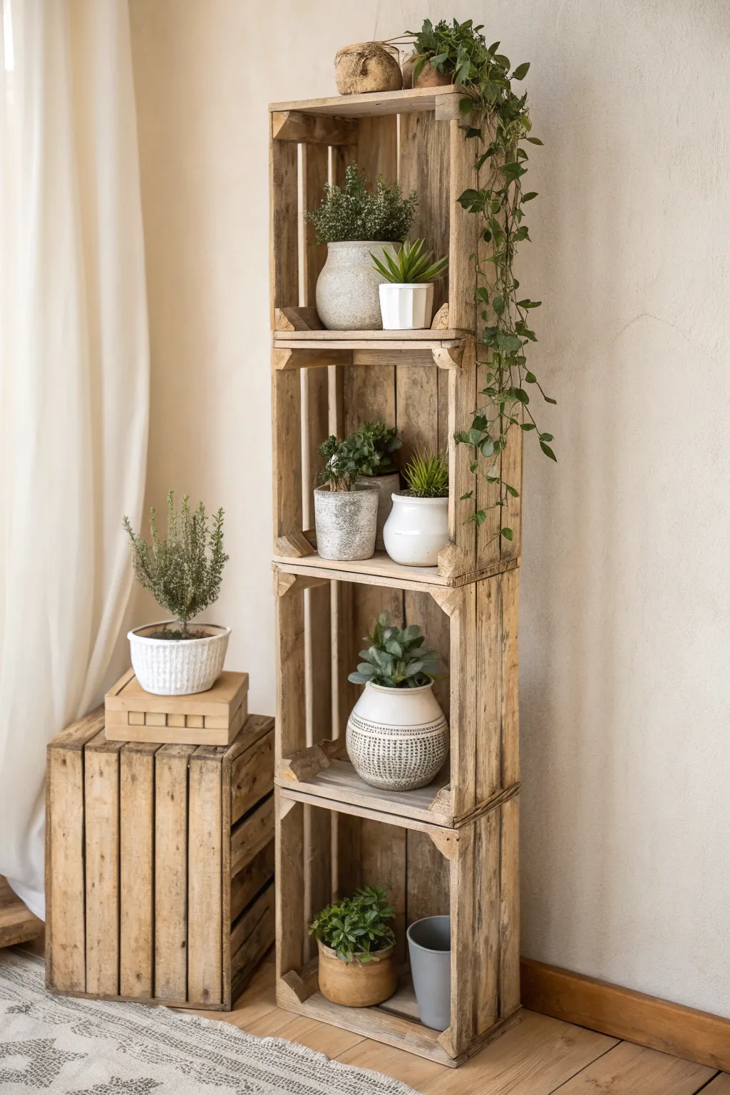 Discover the charm of upcycled elegance with these vintage crate shelves.