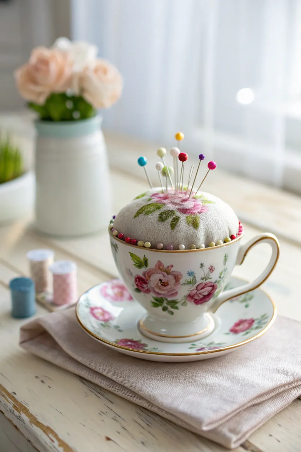 Elevate your sewing essentials with this charming upcycled teacup pin cushion, where Scandinavian minimalism meets Boho flair.