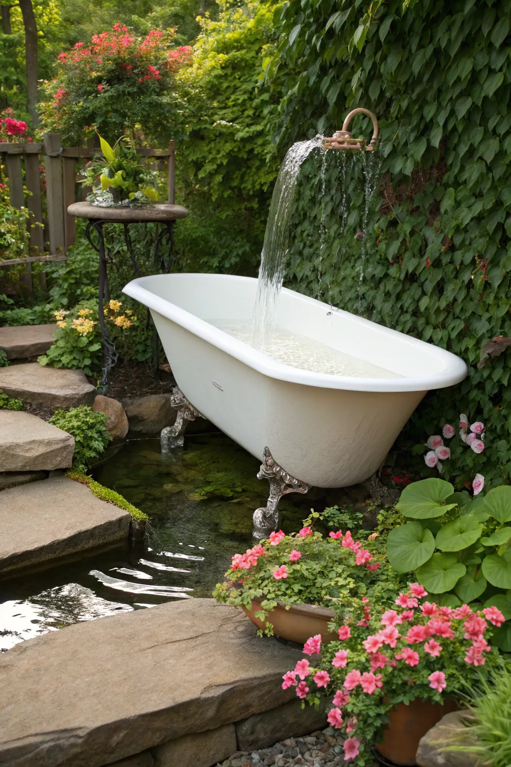Transform tranquility: From vintage tub to enchanting garden oasis.