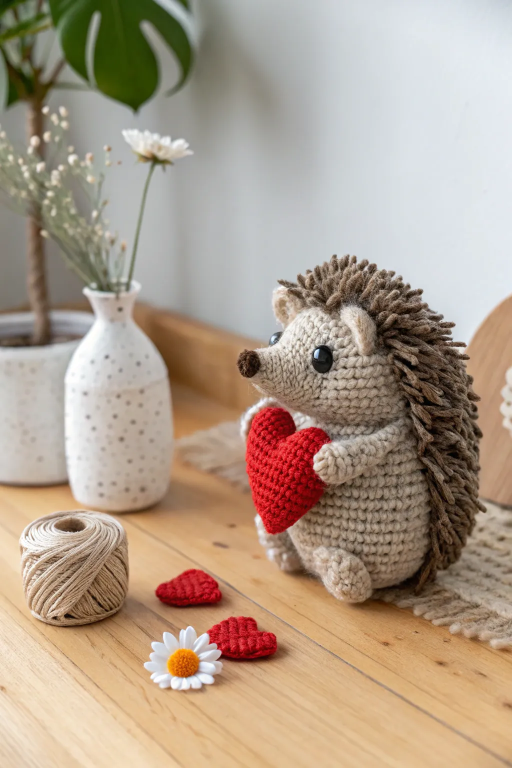 Crafted with love: This charming crochet hedgehog holds your heart in its tiny paws. Perfect for a Valentine's Day gift!