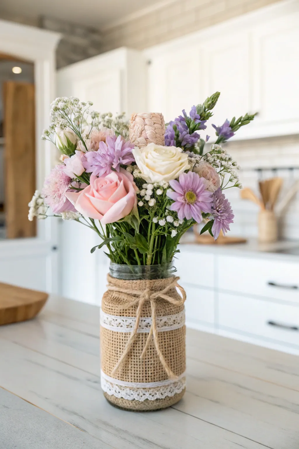 Bring rustic elegance to your kitchen with a handcrafted burlap bouquet jar.