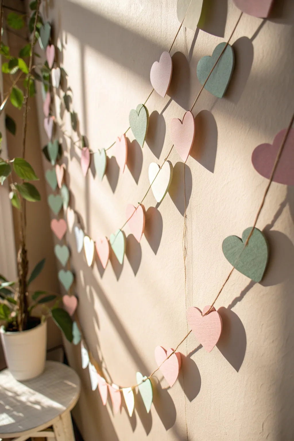 Delight in the simple elegance of a handcrafted paper heart garland, perfect for adding a touch of warmth and charm to your space.