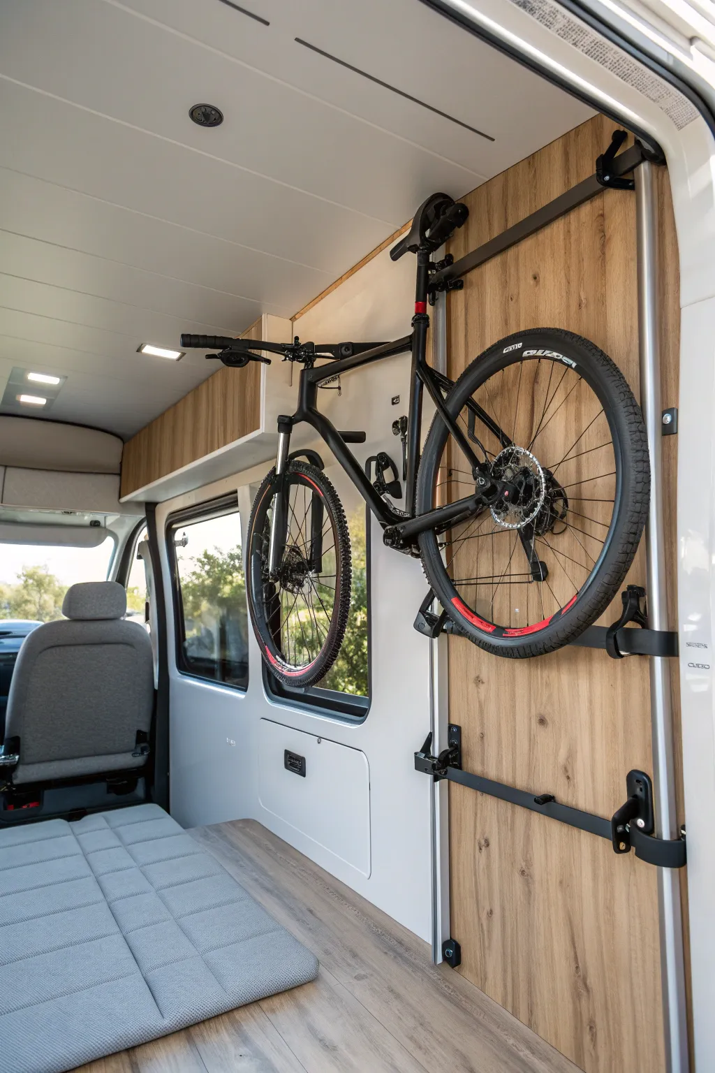 Maximize your space with vertical bike mounts – the perfect blend of style and functionality for your van.