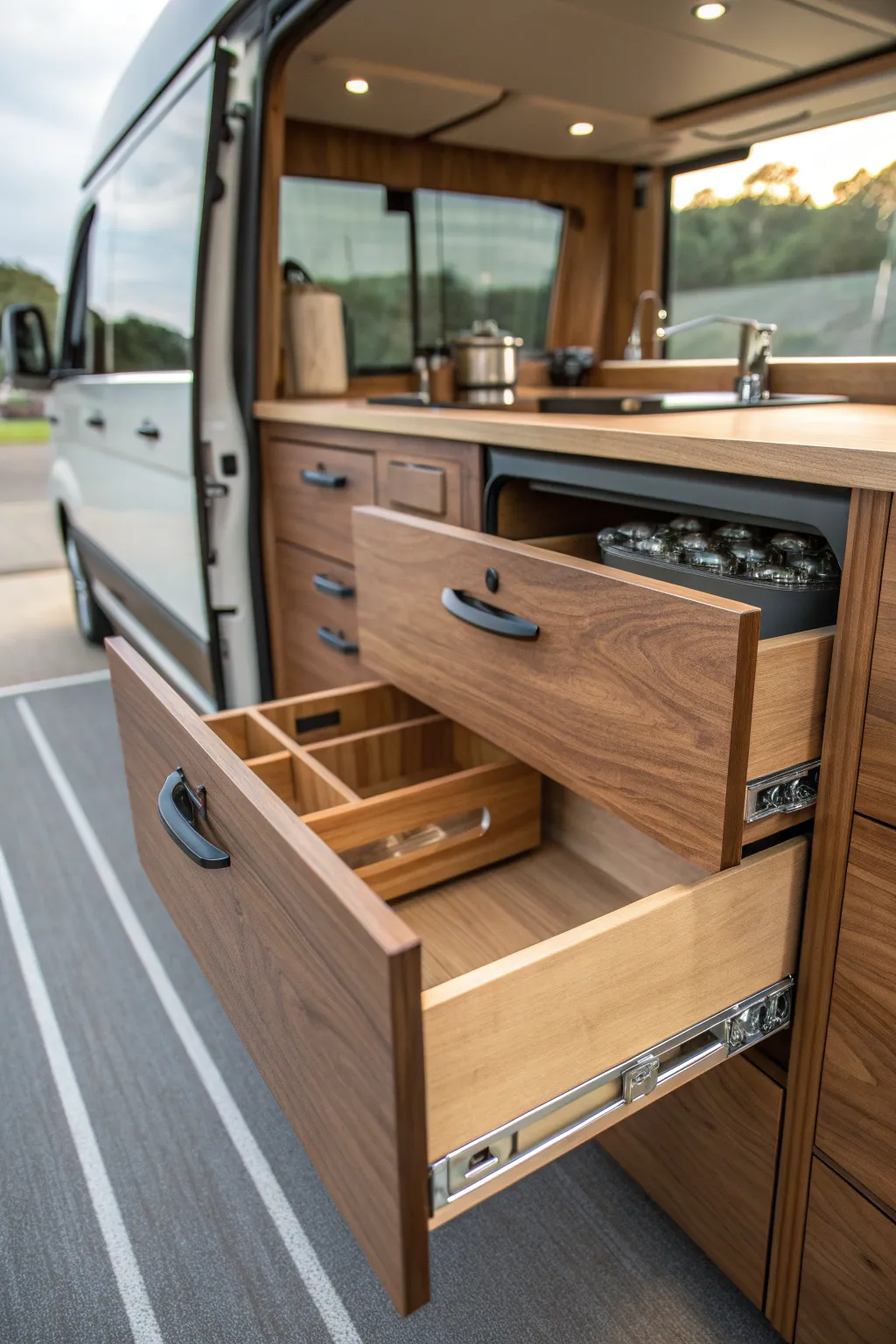 Elevate your van storage with handcrafted pull-out drawers for seamless organization and style.