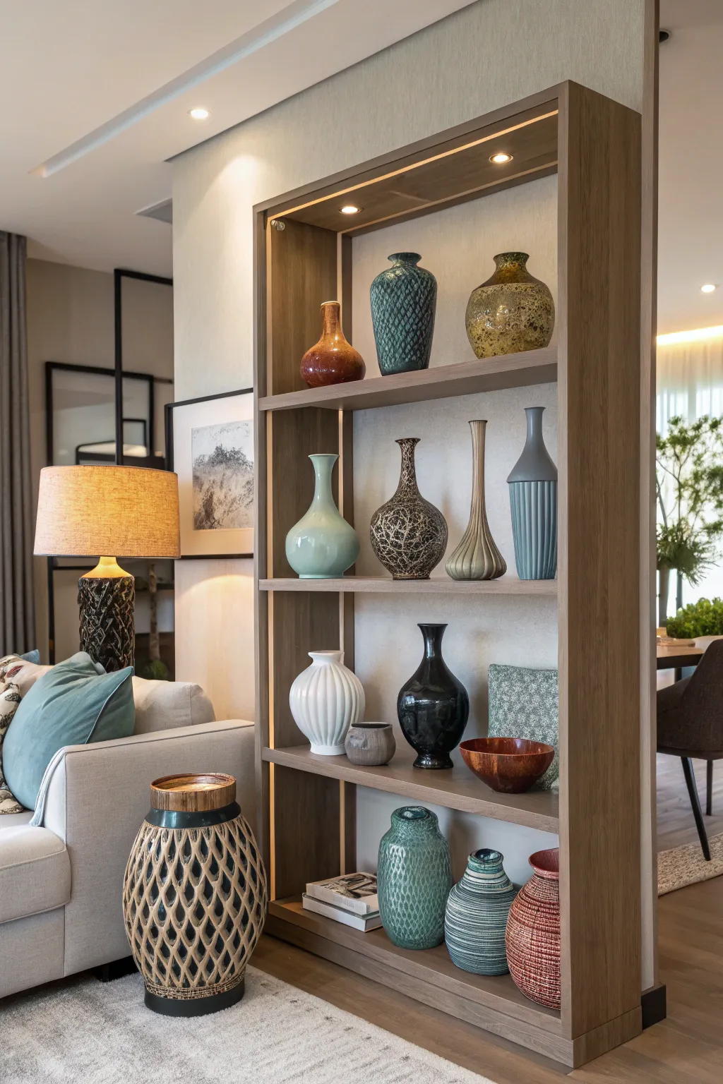 Open shelving showcases vases as decorative elements in a living room.