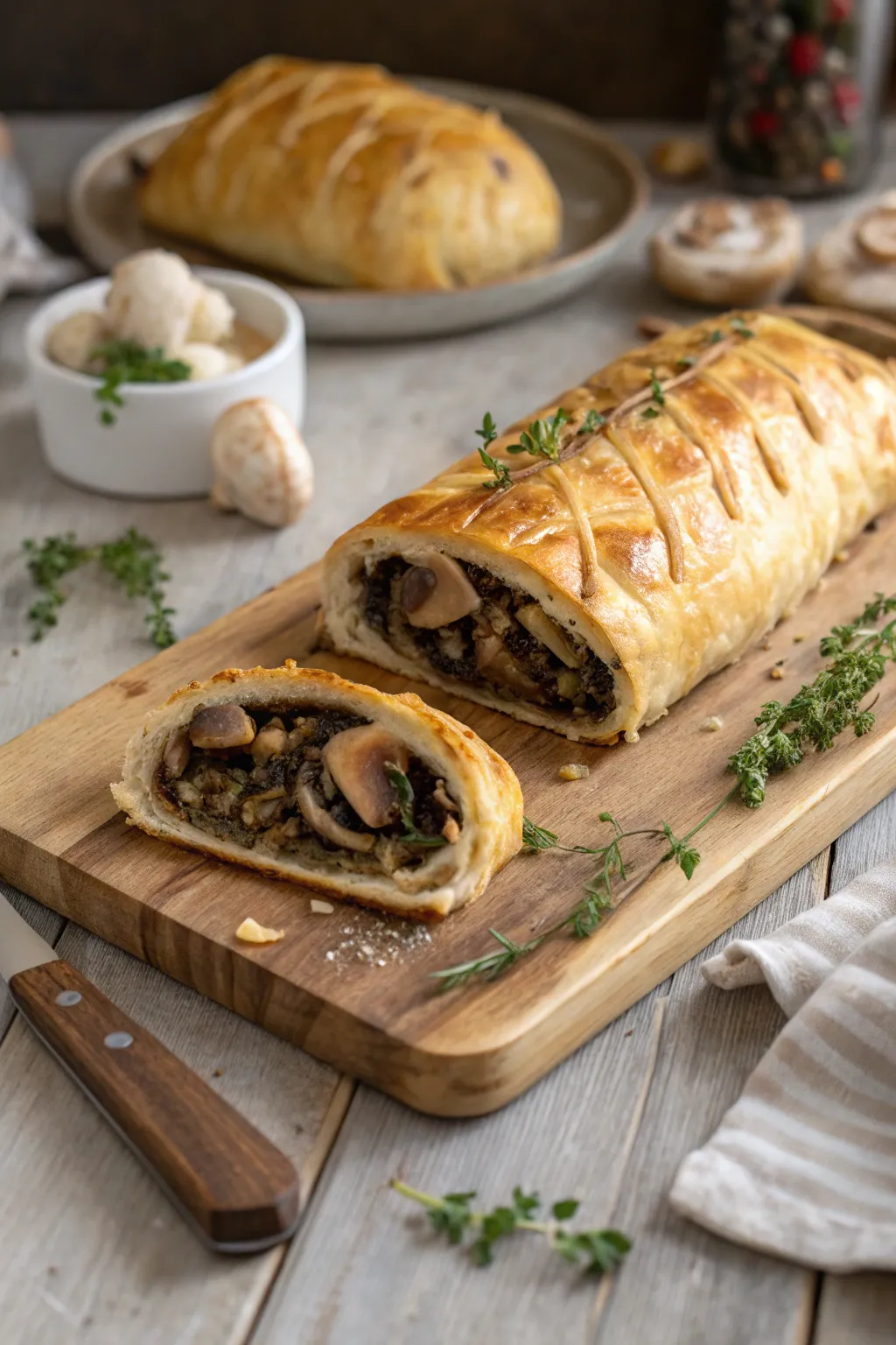 A hearty mushroom wellington ready to impress your guests.
