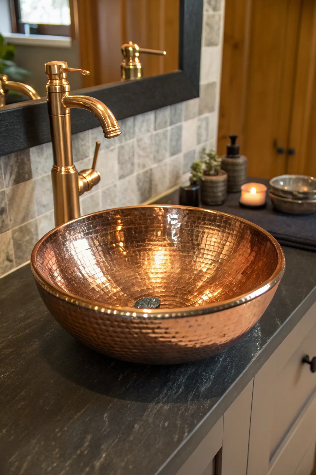 Elevate your bathroom with the timeless elegance of a handcrafted copper vessel sink.