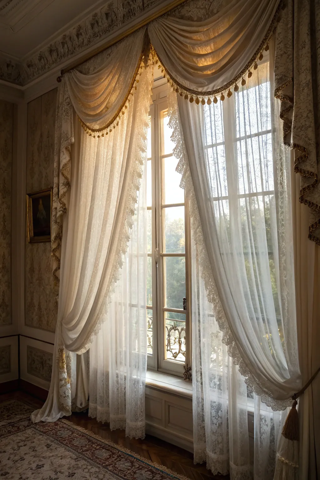 Layered sheer and brocade curtains offer elegance and light control.