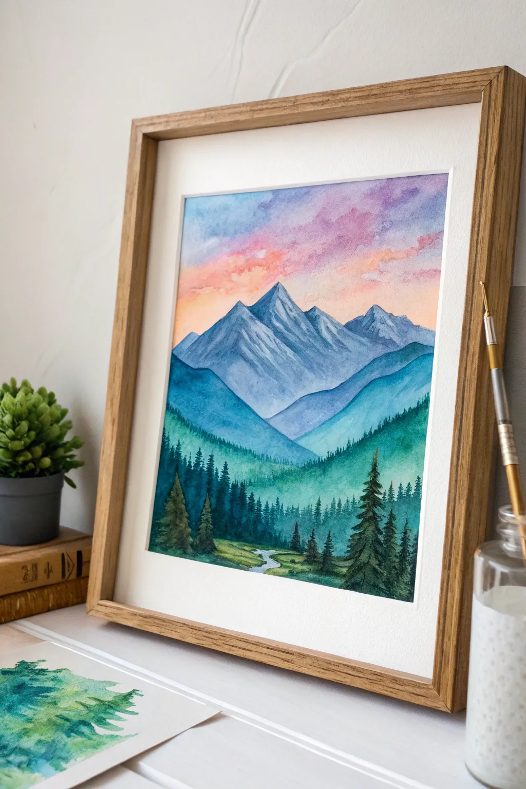 Discover the serene beauty of 'Mountain Majesty'—a watercolor masterpiece blending simplicity with nature's grandeur.
