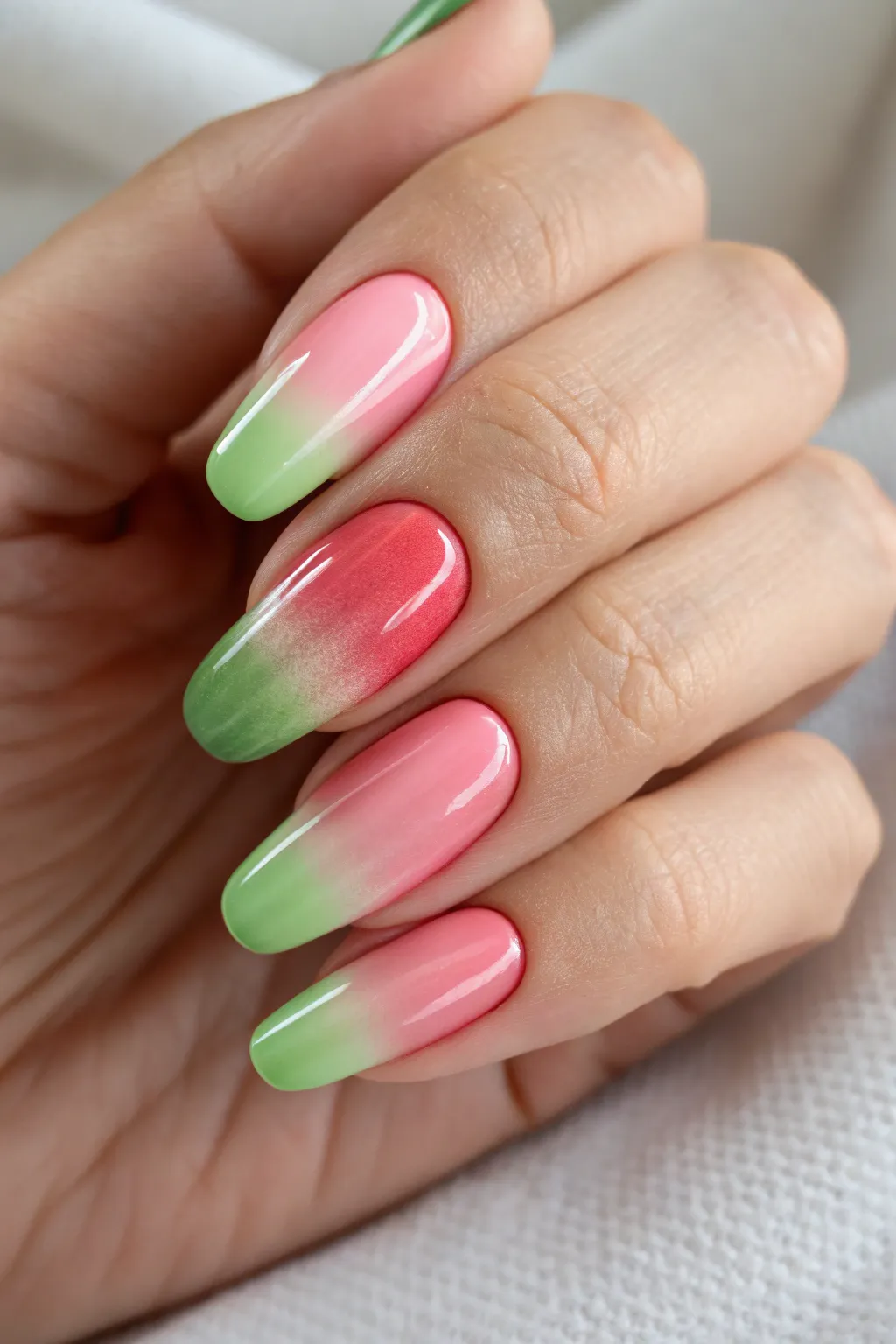 Embrace summer with a chic watermelon ombre nail design, blending pink and green for a subtle yet striking look.