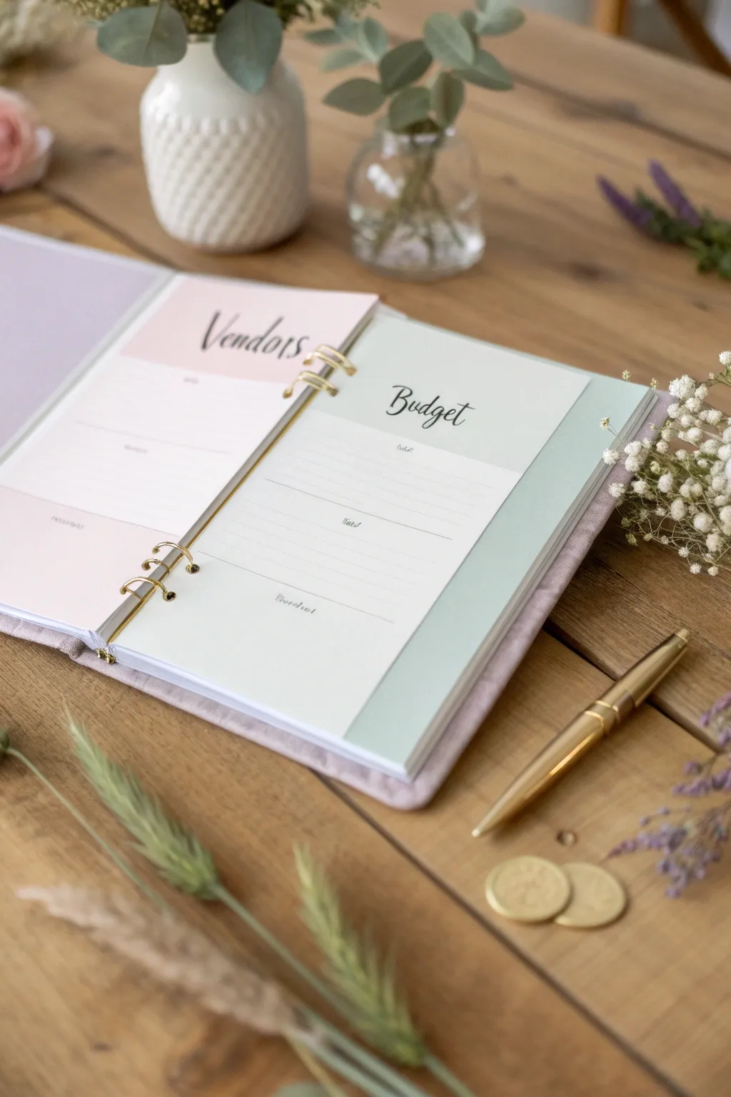 Effortlessly organize your wedding plans with color-coded dividers, blending minimalist elegance with boho charm for a stress-free journey to your big day!