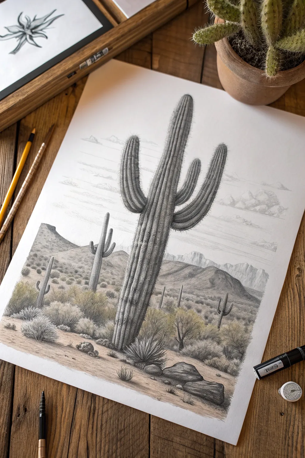 Master the art of drawing with this intricate cactus sketch, capturing the rugged beauty of the desert.