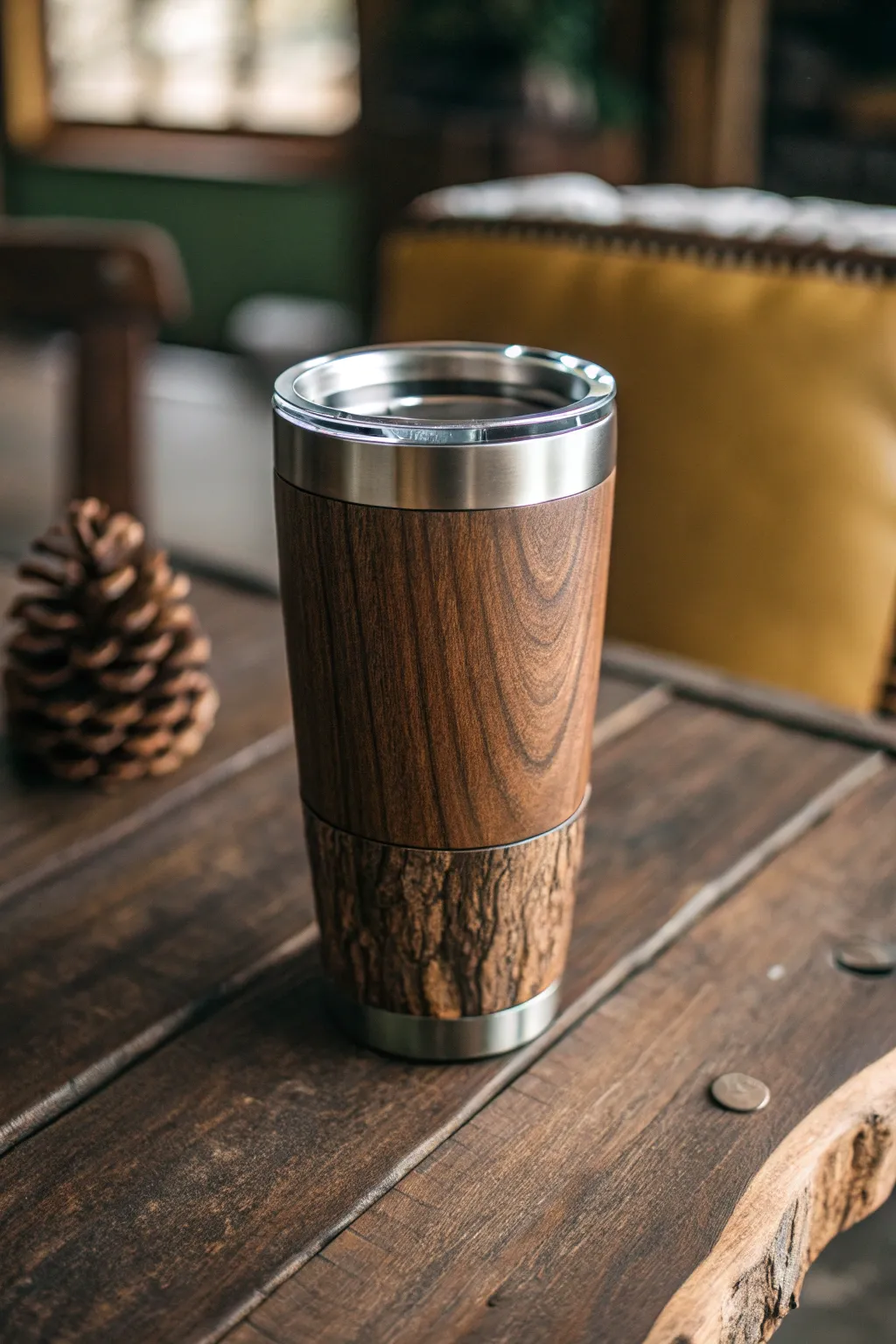 Elevate your drinkware with a rustic wood wrap for a cozy, western charm.