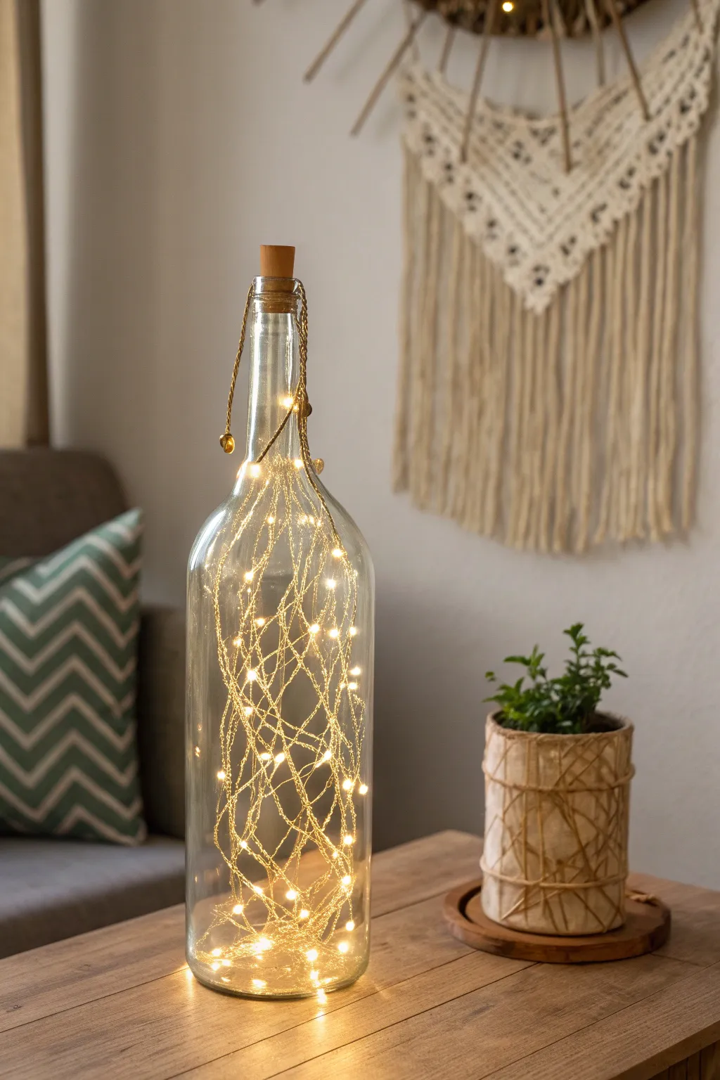 Illuminate your space with the cozy charm of a handcrafted glass bottle lamp.