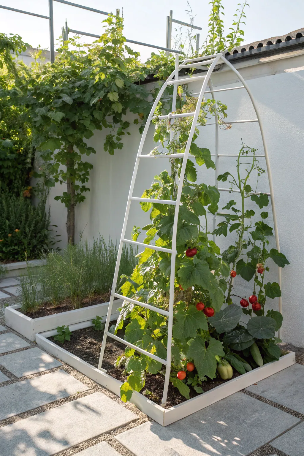 Transform your old trampoline into a stunning DIY garden trellis for a touch of minimalist elegance in your garden.