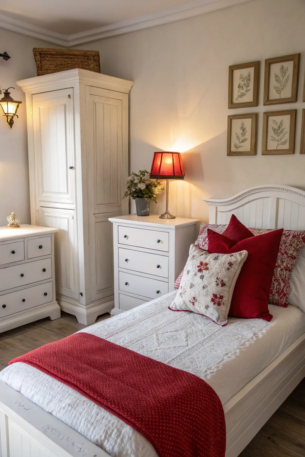White furniture paired with red highlights strikes a perfect balance of elegance and warmth.