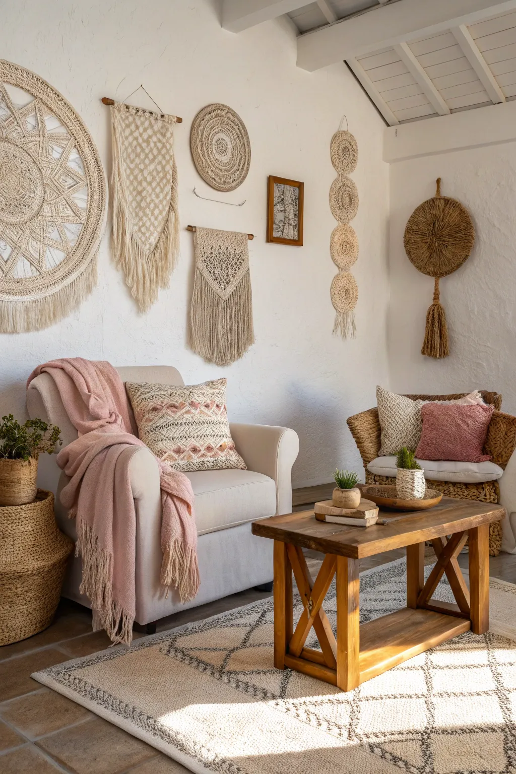 Textured accents bring warmth and depth to your white walls.