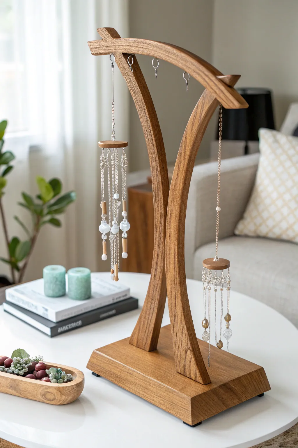 Embrace tranquility with this exquisite cedar wood wind chime stand, a perfect blend of elegance and simplicity.
