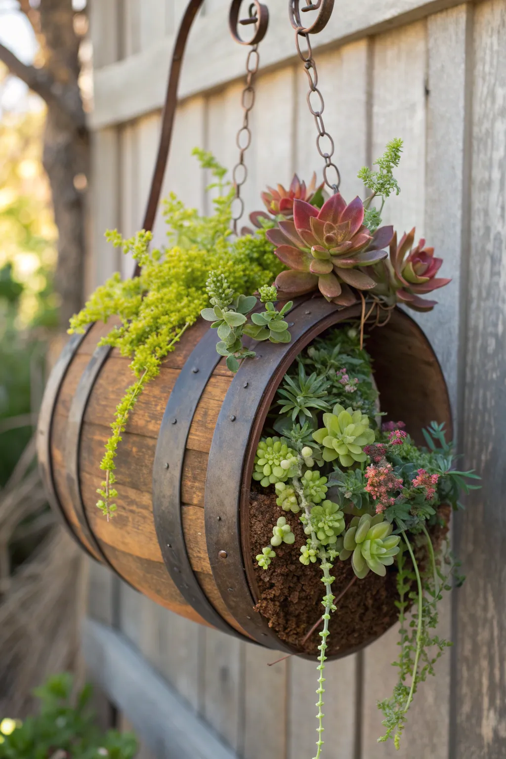 Transform your space with rustic charm using a wine barrel ring planter.