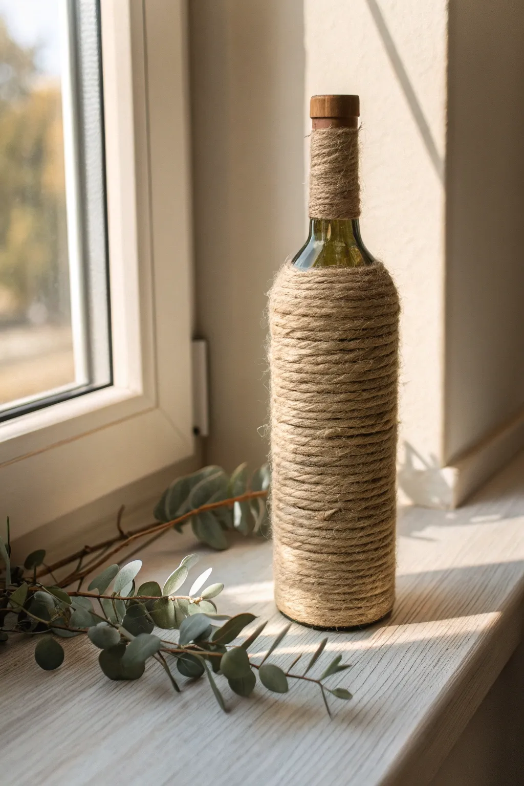 Add a touch of rustic charm to your decor with this twine-wrapped wine bottle masterpiece.