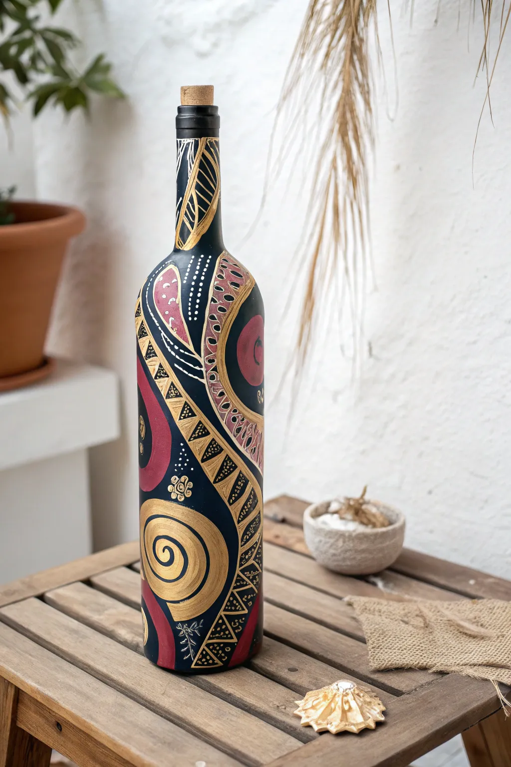 Unleash your creativity with bold abstract patterns on wine bottles, a perfect blend of modern art and boho charm.