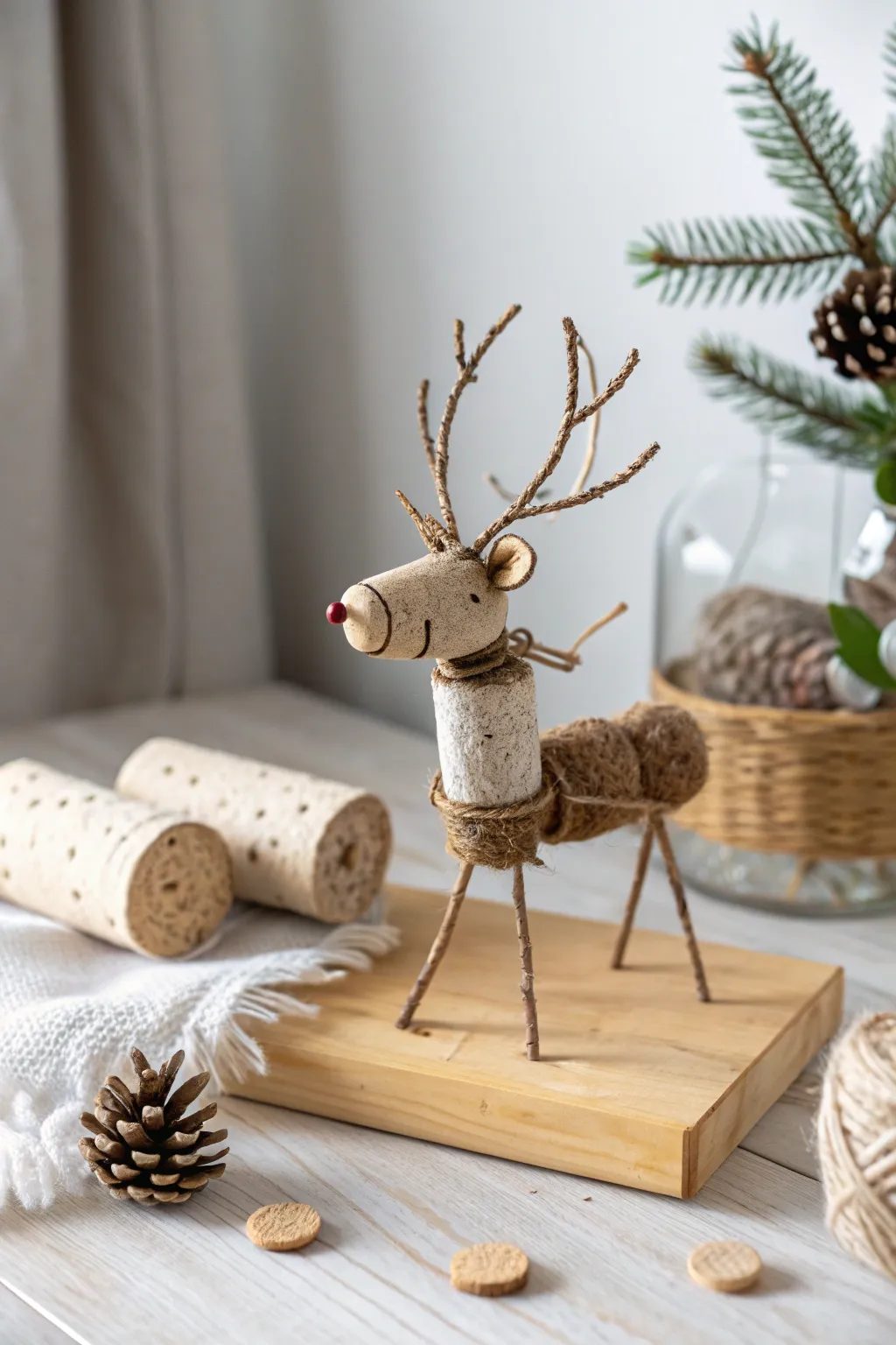 Bring a whimsical touch to your decor with this charming cork reindeer ornament.