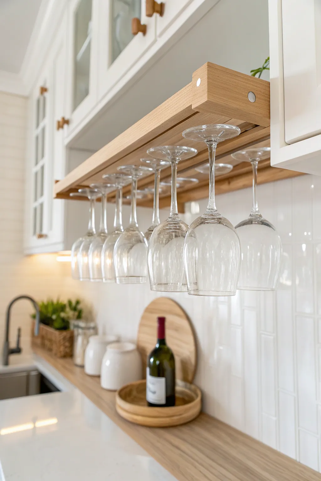 Elevate your kitchen elegance with a chic, under-cabinet wine glass rack.