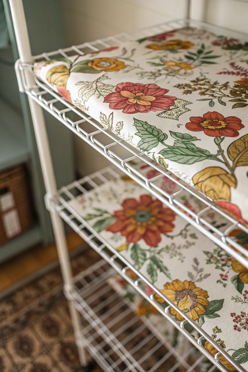 Transform your shelves with the elegance of patterned contact paper for a striking makeover.