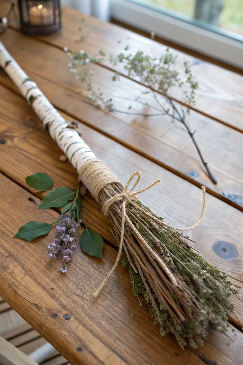 Craft your own rustic witch broom using natural materials for an authentic look.
