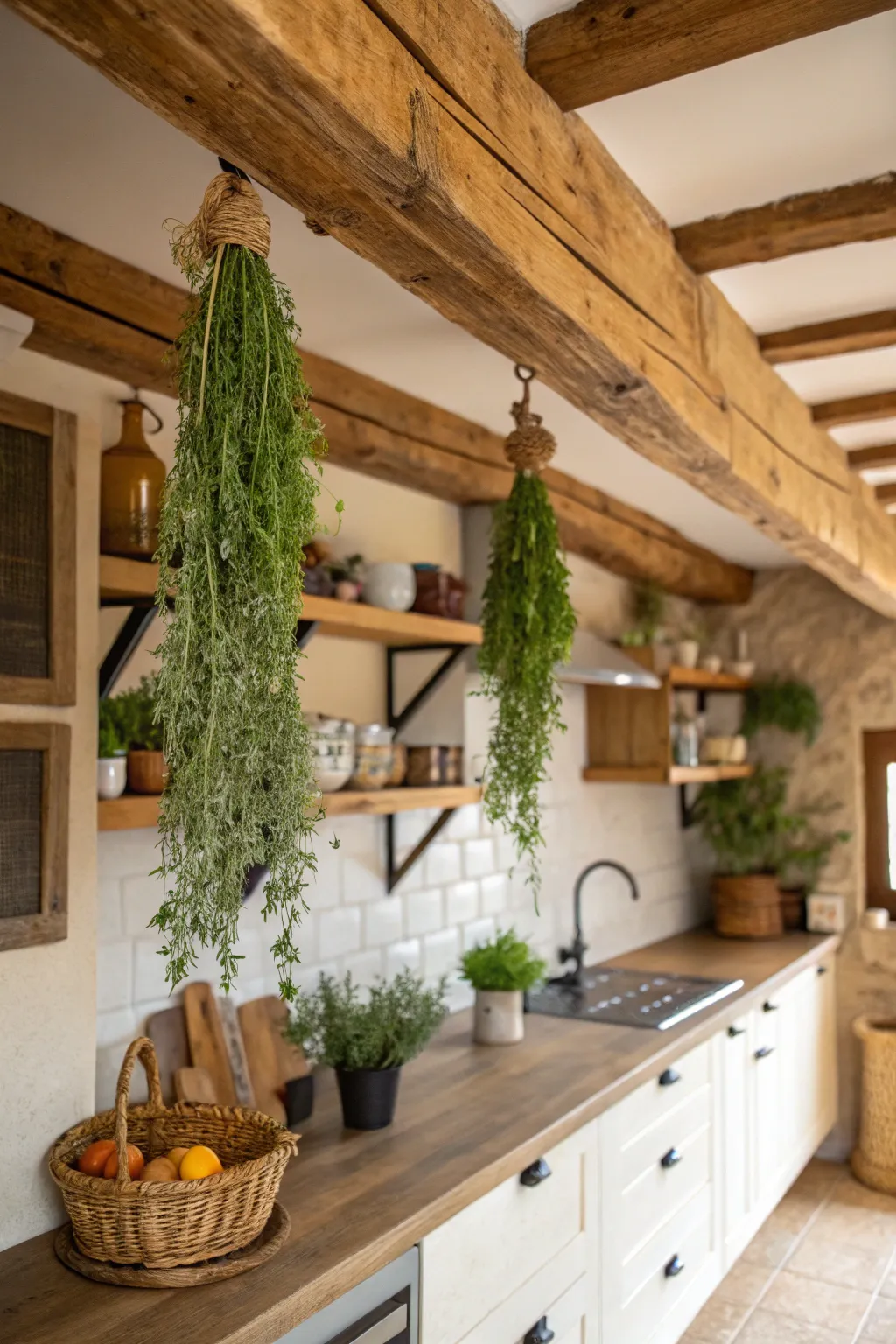 Dried herbs hanging from beams add a natural charm.