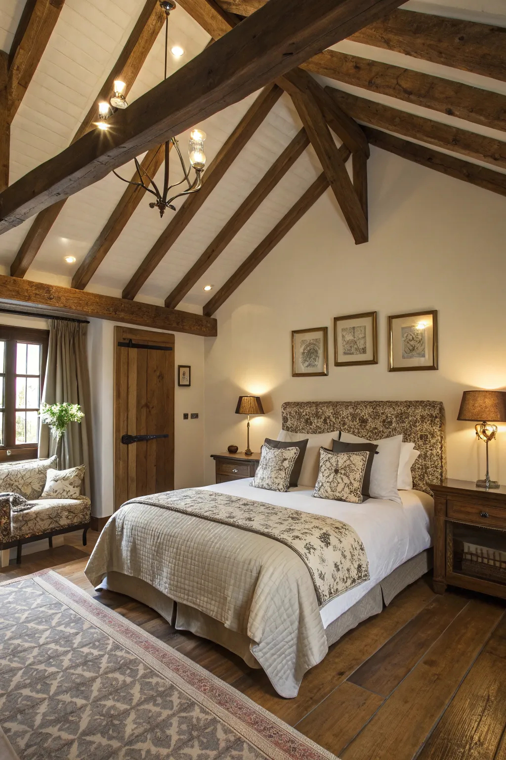 Exposed beams bring a rustic charm to your bedroom.