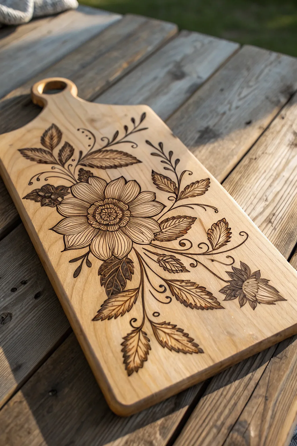 Transform your kitchen with a masterpiece of floral elegance on your cutting board.