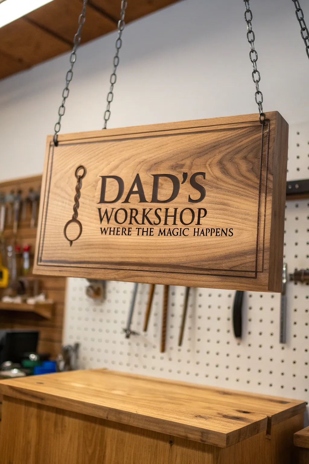 Celebrate Dad's craftsmanship with a personalized workshop sign that adds charm to his creative space.