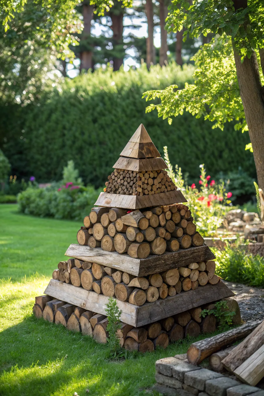 Transform your backyard with an artistic log pyramid; where functionality meets craftsmanship.